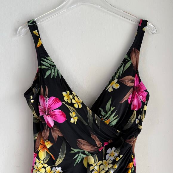 Vintage Miraclesuit Black Hawaiian Floral One Piece Swimsuit Size 18 Hibiscus - Picture 1 of 8